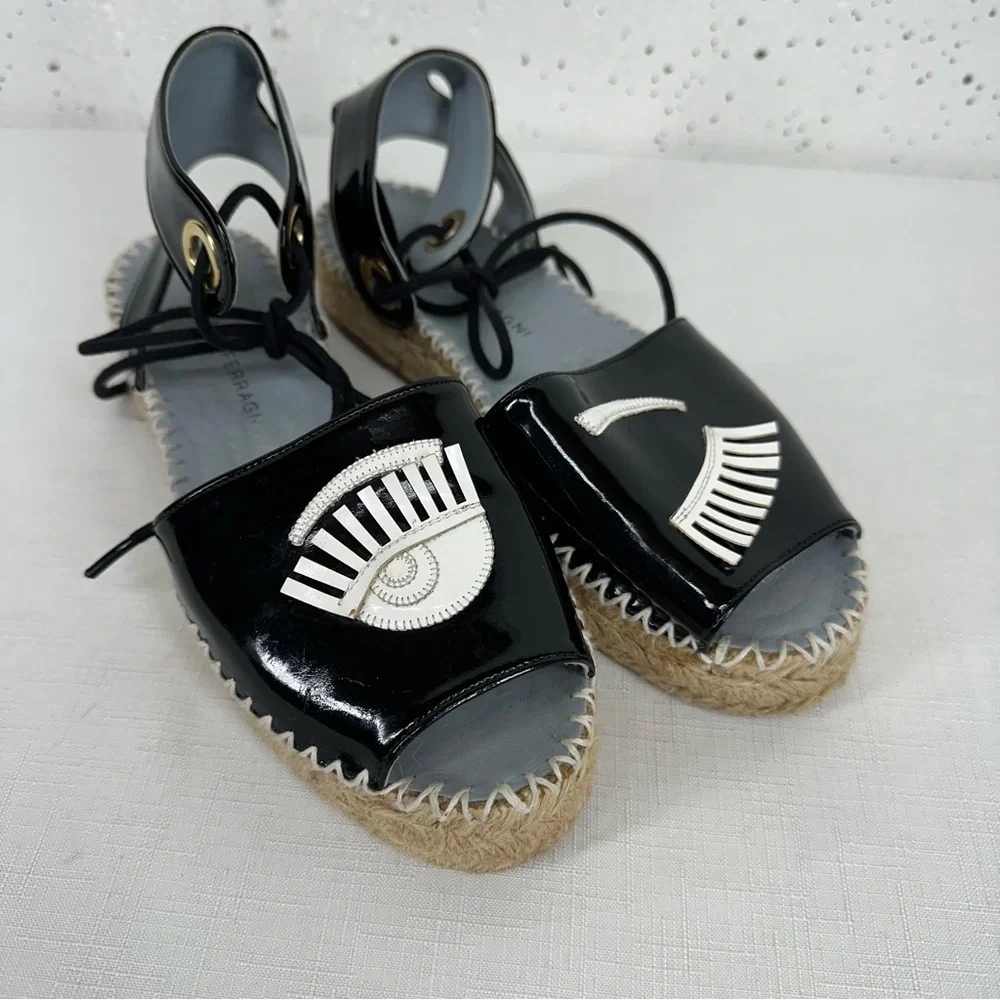 Chiara Ferragni Women's Size 37 Winking Black Patent Leather Platform Espadrille